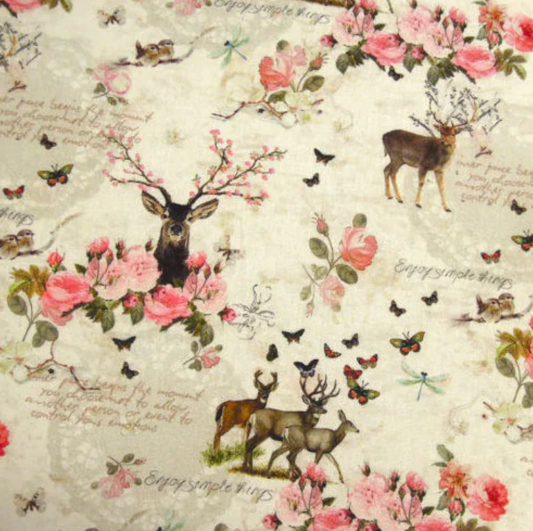 Dekostoff Leinenoptik Hirsch mit Rose – Zick-Zack-Stoffidee