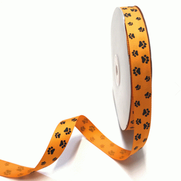 Ripsband Pfoten auf orange, 16mm breit