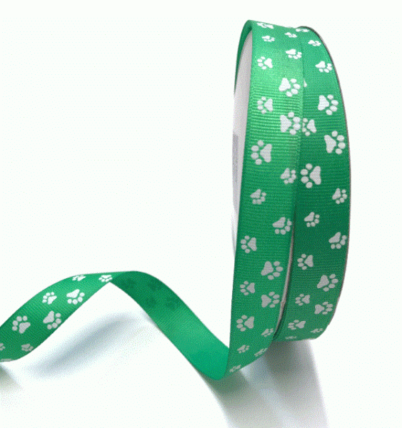 Ripsband Pfoten auf grün, 16mm breit